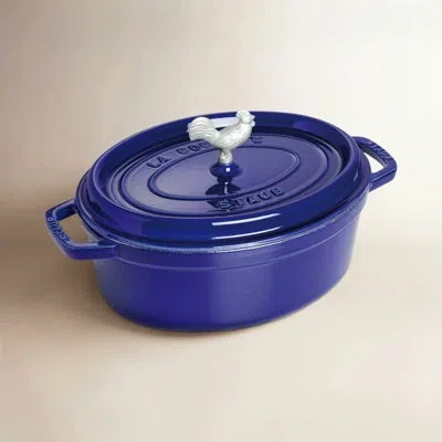Staub Cast Iron 5.75 Qt, Oval, Coq Au Vin Dutch Oven, Dark Blue With Chicken Nikel Knob  (1123191)