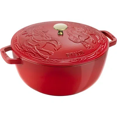 Staub Cast Iron Essential French Oven, Dutch Oven, 5-quart, Serves 5-6,  With Horse Lid In Cherry