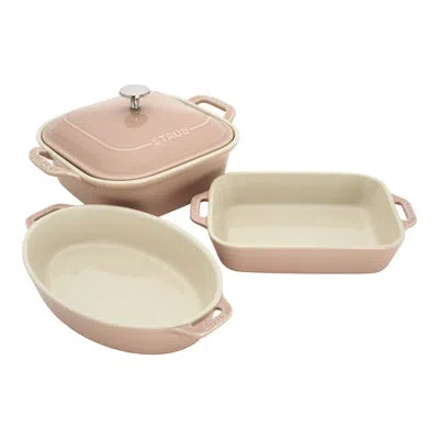 Staub Ceramic 4-pc Baking Pans Set, Casserole Dish With Lid, Brownie Pan, In Light Pink