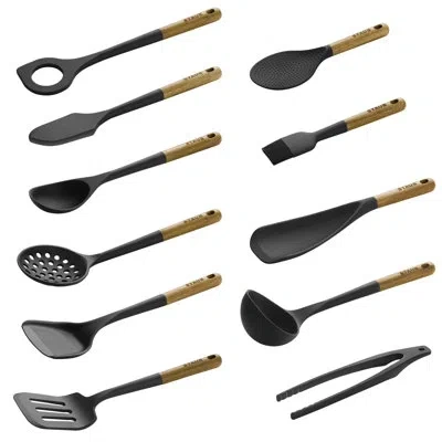 Staub Silicone With Wood Handle 11-piece Cooking Utensil Set In Matte Black