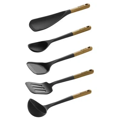 Staub Silicone With Wood Handle 5-piece Cooking Utensil Set In Matte Black