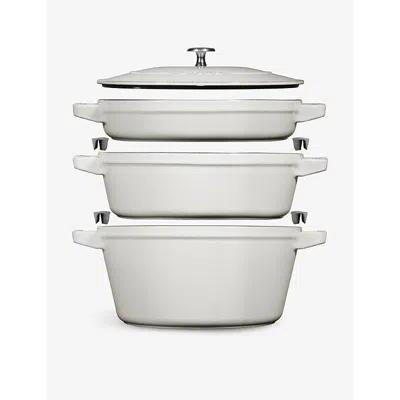 Staub White Truffle Stackable Cast-iron Set Of Four With Lid In White Truffle