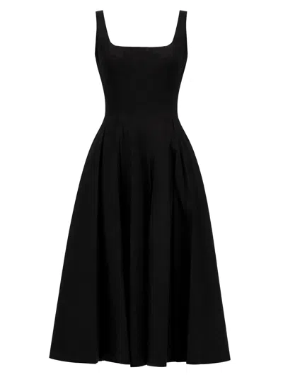 Staud Midi Dress Sleeveless Square Neck Flared Skirt In Black