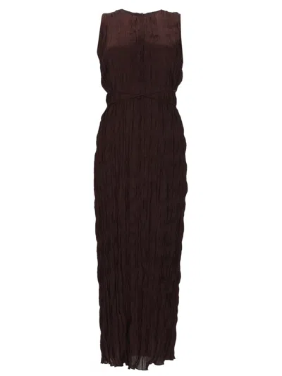 Staud Maxi Dress Pleated Texture Keyhole Back Drawstring In Brown