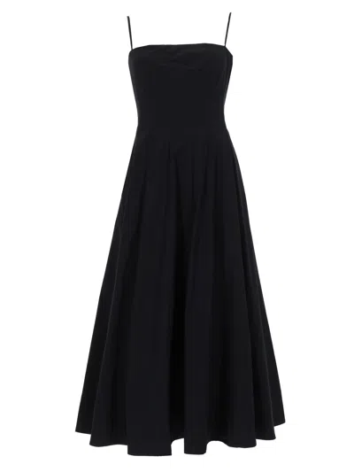 Staud Wylie Fitted Bodice Pleated Midi Dress In Black