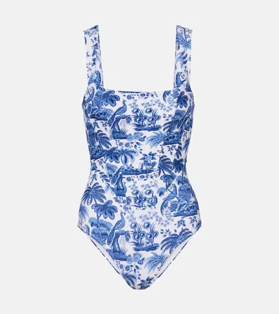 Staud Adelaide Corset Printed Swimsuit In Blue