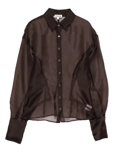 Staud Aida Silk Sheer Long Sleeve Shirt In Brown