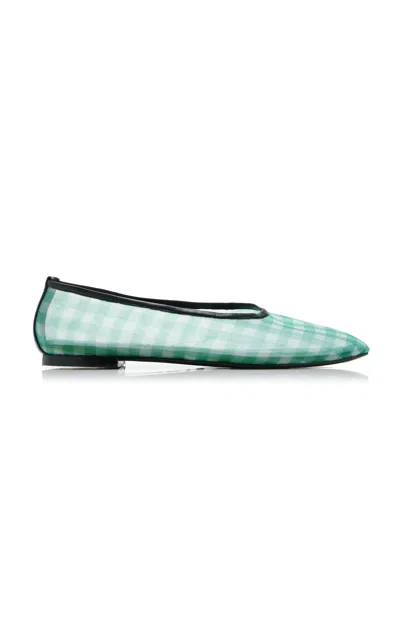 Staud Alba Leather-trimmed Gingham Mesh Ballet Flats In Green
