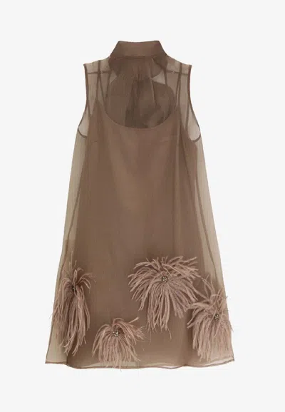 Staud Albee Feather-embellished Mini Dress In Brown