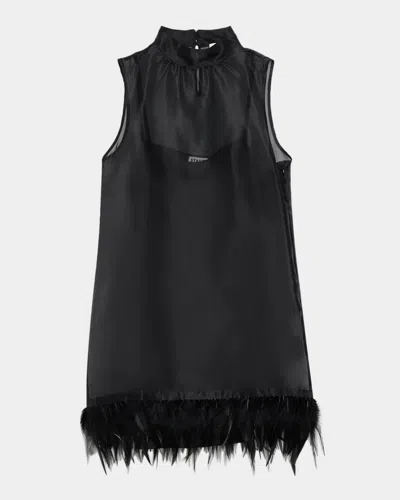 Staud Albee Feather-embellished Silk Mini Dress In Black