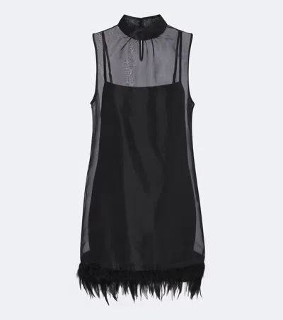 Staud Albee Feather-trimmed Silk Mini Dress In Black