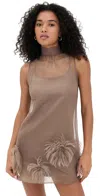 Staud Albee Embellished Feather-trimmed Crepon Turtleneck Mini Dress In Brown