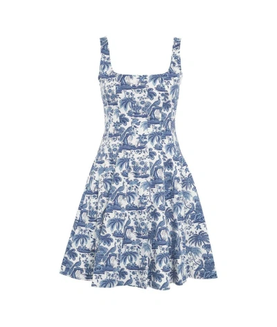 Staud Allover Floral Print Mini Wells Dress In Blue Toile