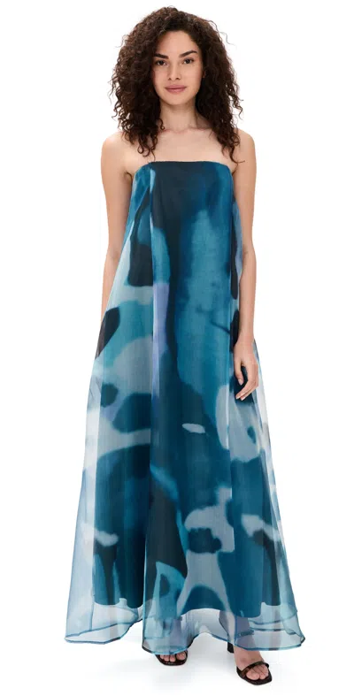 Staud Allyson Abstract Print Strapless Dress In Blue