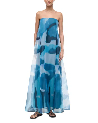 Staud Allyson Abstract Print Strapless Dress In Blue