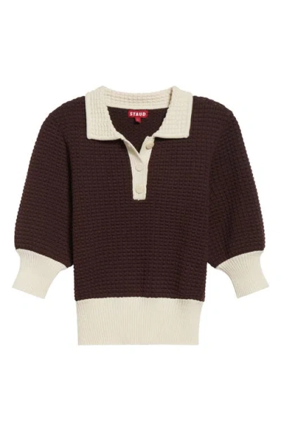 Staud Altea Cotton Blend Polo Sweater In Dark Chocolate/ivory