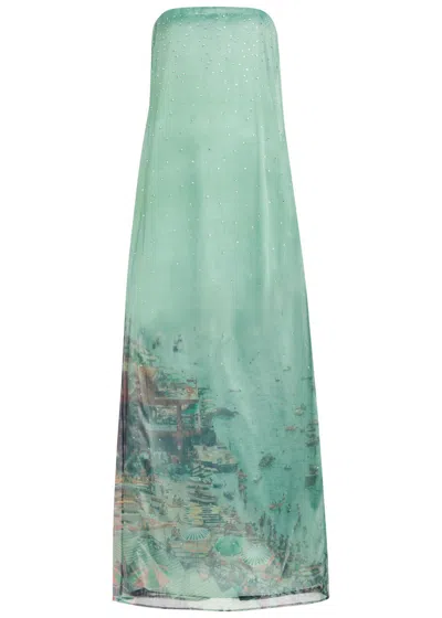 Staud Amara Printed Embellished Organza Maxi Dress In Blue