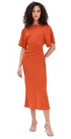 Staud Amelie Ruched Crepe Midi Dress In Cayenne
