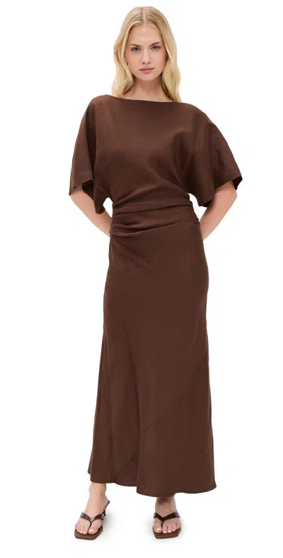 Staud Amelie Ruched Waist Linen Blend Dress In Brown