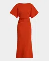 Staud Amelie Ruched Crepe Midi Dress In Cayenne
