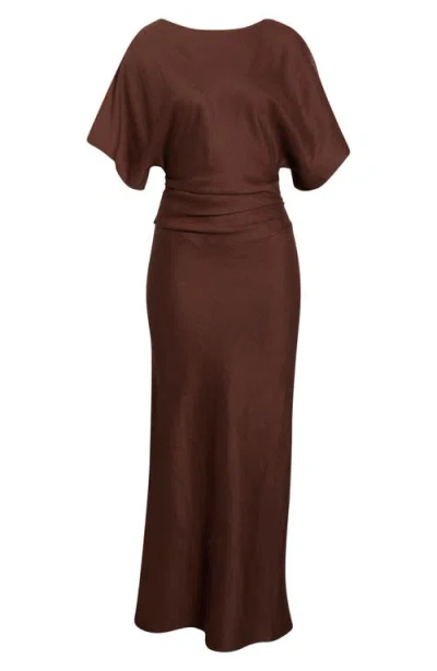 Staud Amelie Ruched Waist Linen Blend Dress In Brown