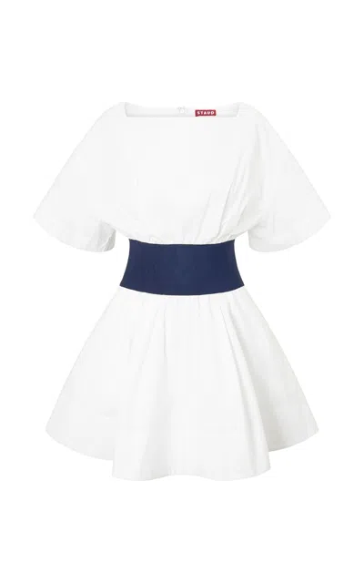 Staud Amy Denim-paneled Cotton Poplin Mini Dress In White/navy
