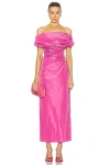 Staud Andrea Ruched Off-shoulder Midi Sheath Dress In Punch