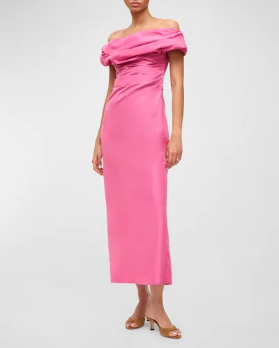 STAUD ANDREA RUCHED OFF-SHOULDER MIDI SHEATH DRESS