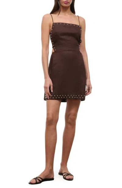 Staud Angelique Stud Detail Open Back Linen Minidress In Brown