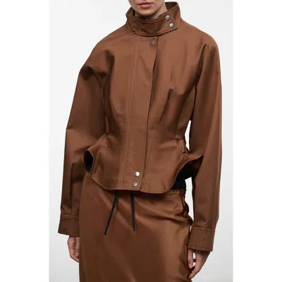 Staud Archie Cotton Utility Leather Trim Jacket In Cigar