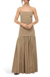 Staud Ari Gathered Sleeveless Maxi Dress In Taupe