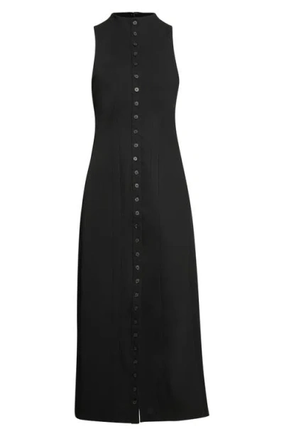 Staud Aris Mock Neck Button Front Midi Dress In Black