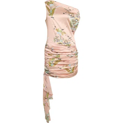 Staud Athena One-shoulder Ruched Silk Minidress In Pink