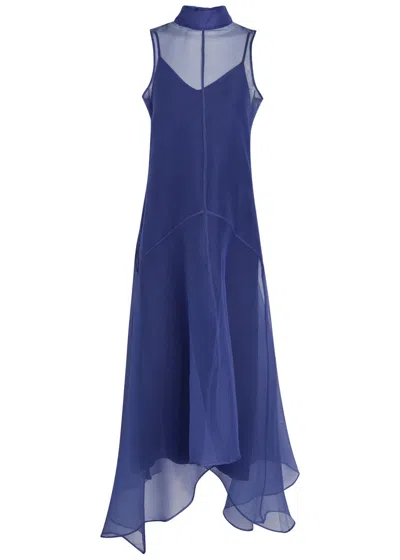 Staud Auden Asymmetric Organza Midi Dress In Blue