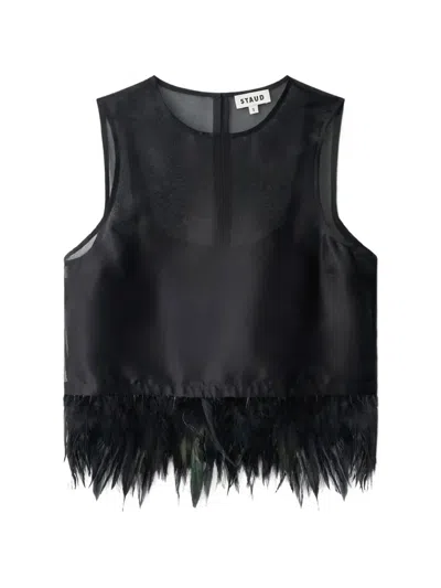 Staud Avi Feather-trim Mesh Top In Black