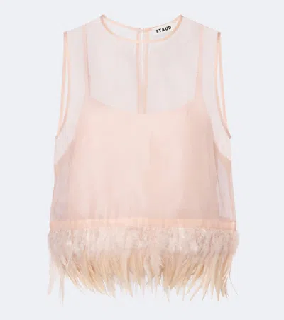 Staud Avi Feather-trimmed Silk Top In Pink