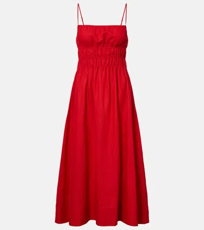 Staud Ayla Shirred Linen Midi Dress In Red