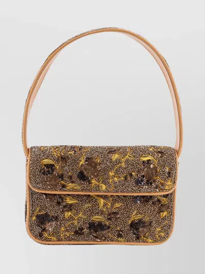 Staud Beaded Floral Shoulder Bag With Leather Handle In Brown