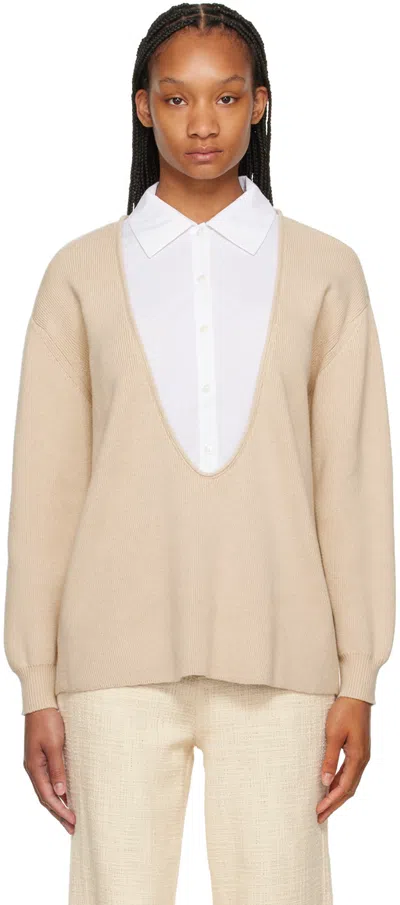 Staud Pietro Cotton Cashmere Combo Sweater In Camel White