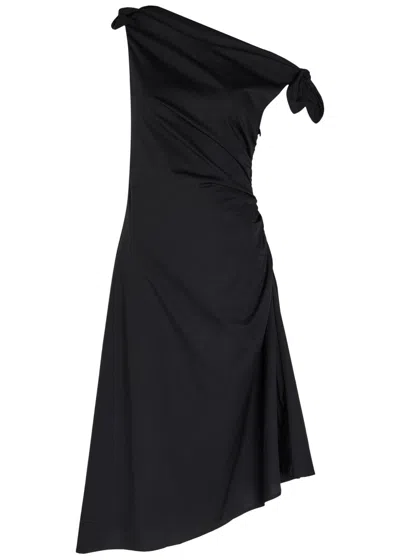 Staud Bellaria Ruched Stretch-cotton Midi Dress In Black