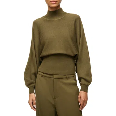 Staud Bishop Sleeve Wool Mock Neck Sweater In Sergeant Green