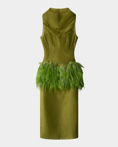 Staud Bisou Feather-trim Midi Dress In Green