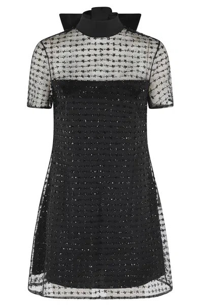 Staud Black Ilana Rhinestone High-neck Bow Polyester Mini Dress