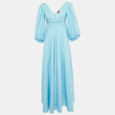 Staud Blue Cotton Tie -up Detail Dew Amaretti Maxi Dress