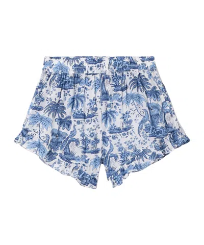 Staud Boyana Pleated Print Shorts In Blue
