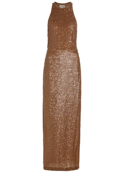 Staud Bree Sequin Embellished Stretch-mesh Maxi Dress In Brown