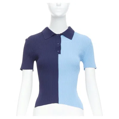 Pre-owned Staud Brice Blue Bicolor Ribbed Side Slits Fitted Polo Top M