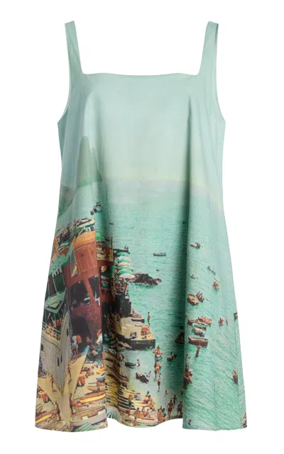 Staud Brio Printed Cotton Mini Dress In Blue