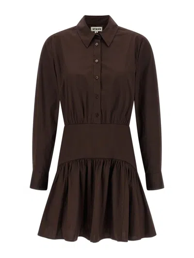 Staud Button Closure Long Sleeve Shirt Top With Curved Loaf Detail And Flared Skirt In Brown