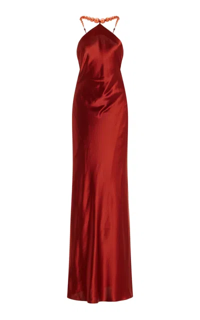 Staud Cadence Bead-detailed Satin Maxi Dress In Red